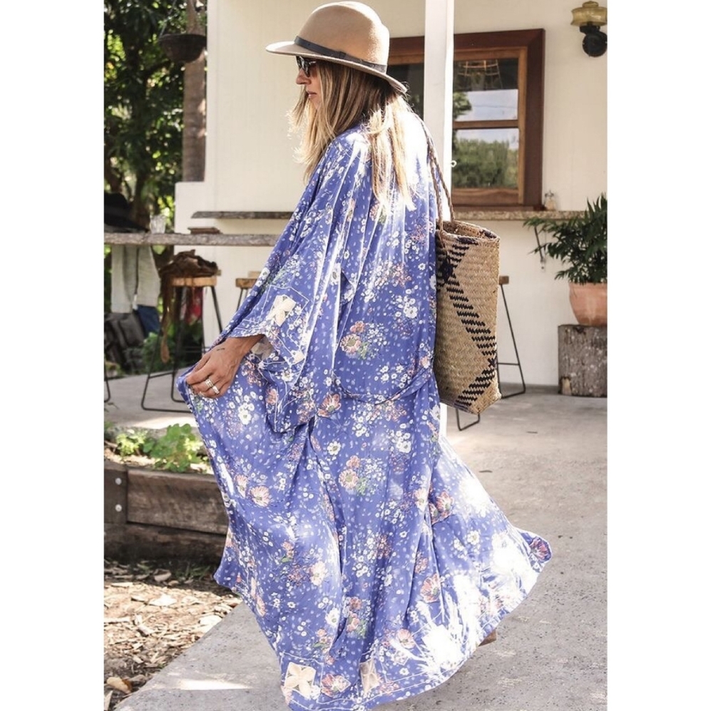 Rare Spell Designs Blue Sundancer Maxi Kimono Duster OS floral embroidered robe
